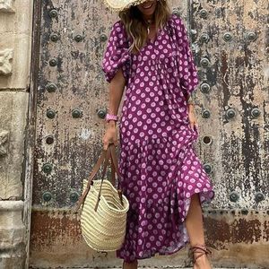 AMILIEe Women’s Boho Floral Puff Sleeve Tiered Maxi Dress